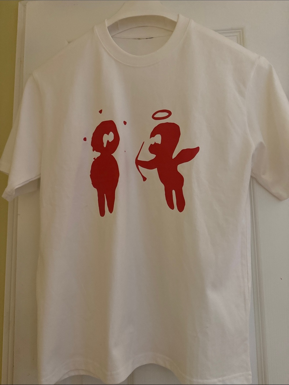 White Graphic Tee with Red Cherub Design